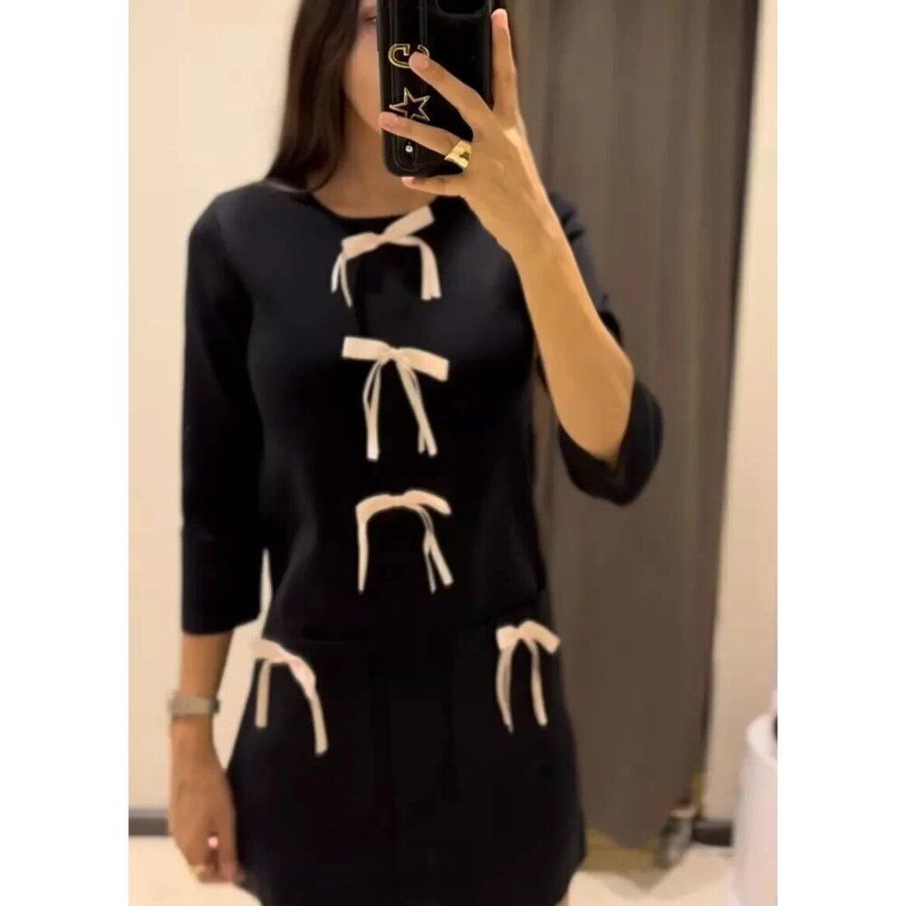 Zara Women Knit Dress L Large Black Pink Bows 3/4 Sleeves 2142/201 NWT